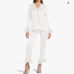 Women's Silk Satin Bridal Feather Trim Lounge Set (Removable Feather)